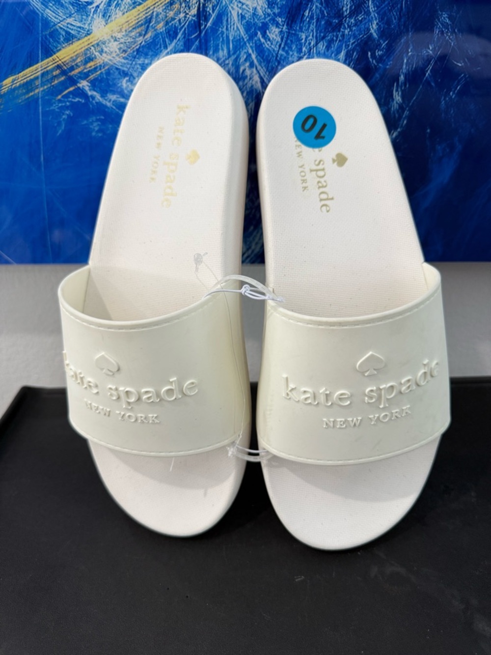kate spade White Logo Embossed Slide Sandals